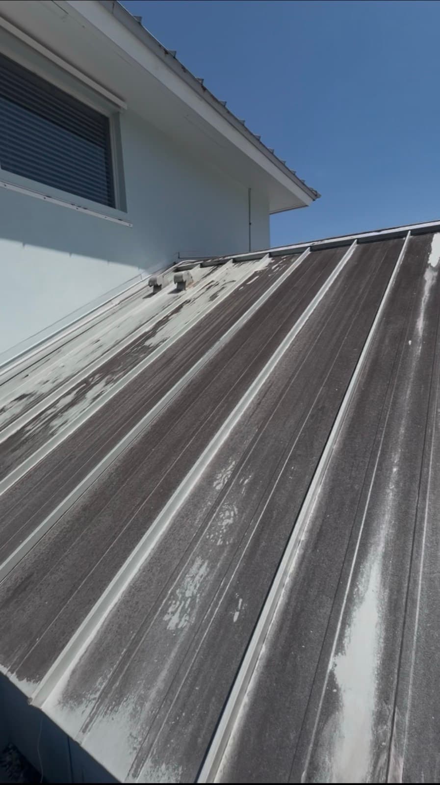 Before — a Florida home's metal roof darkened with algae streaks, salt-air grime and black staining