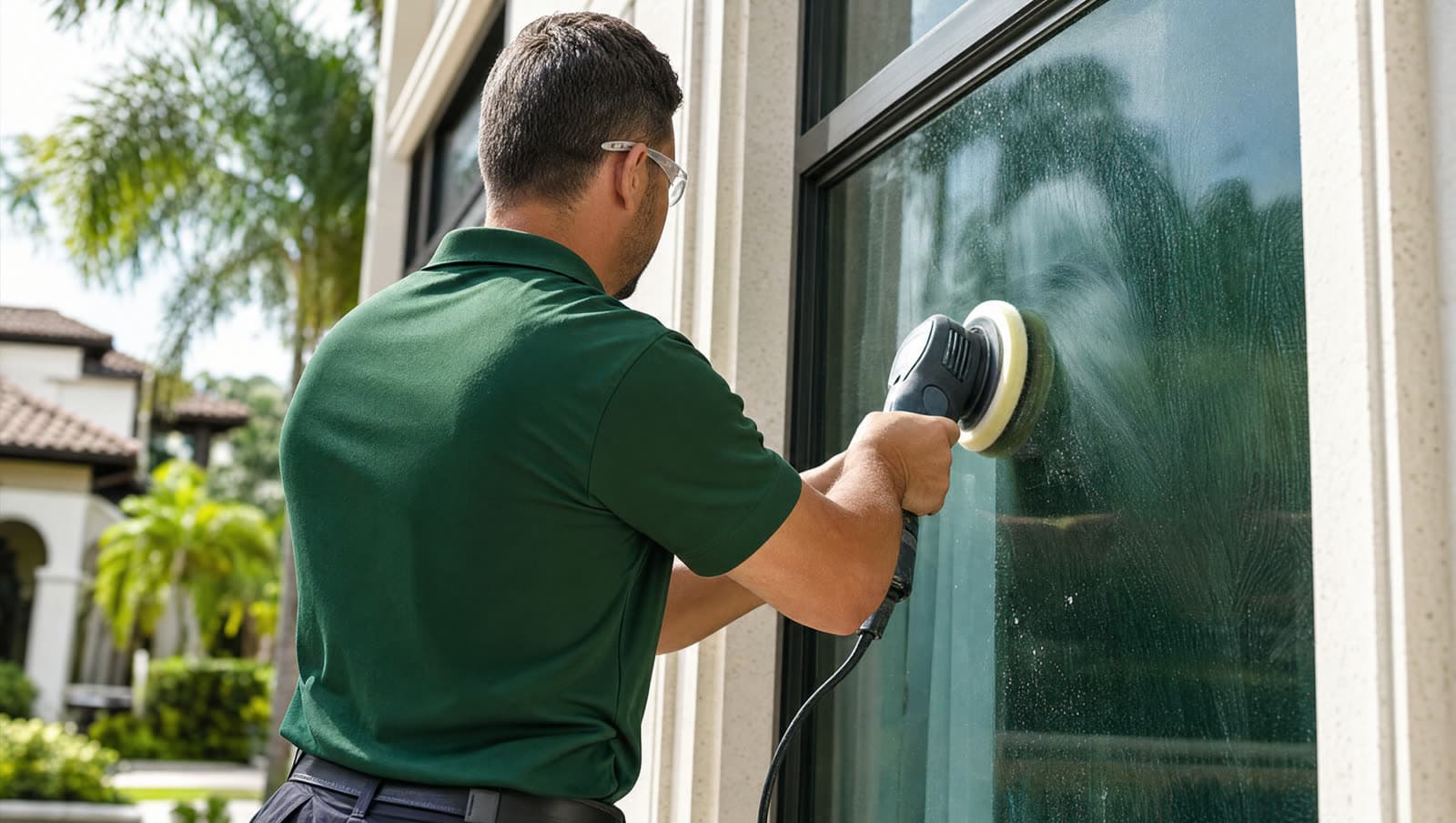 Technician resurfacing a residential window pane with an orbital glass polisher