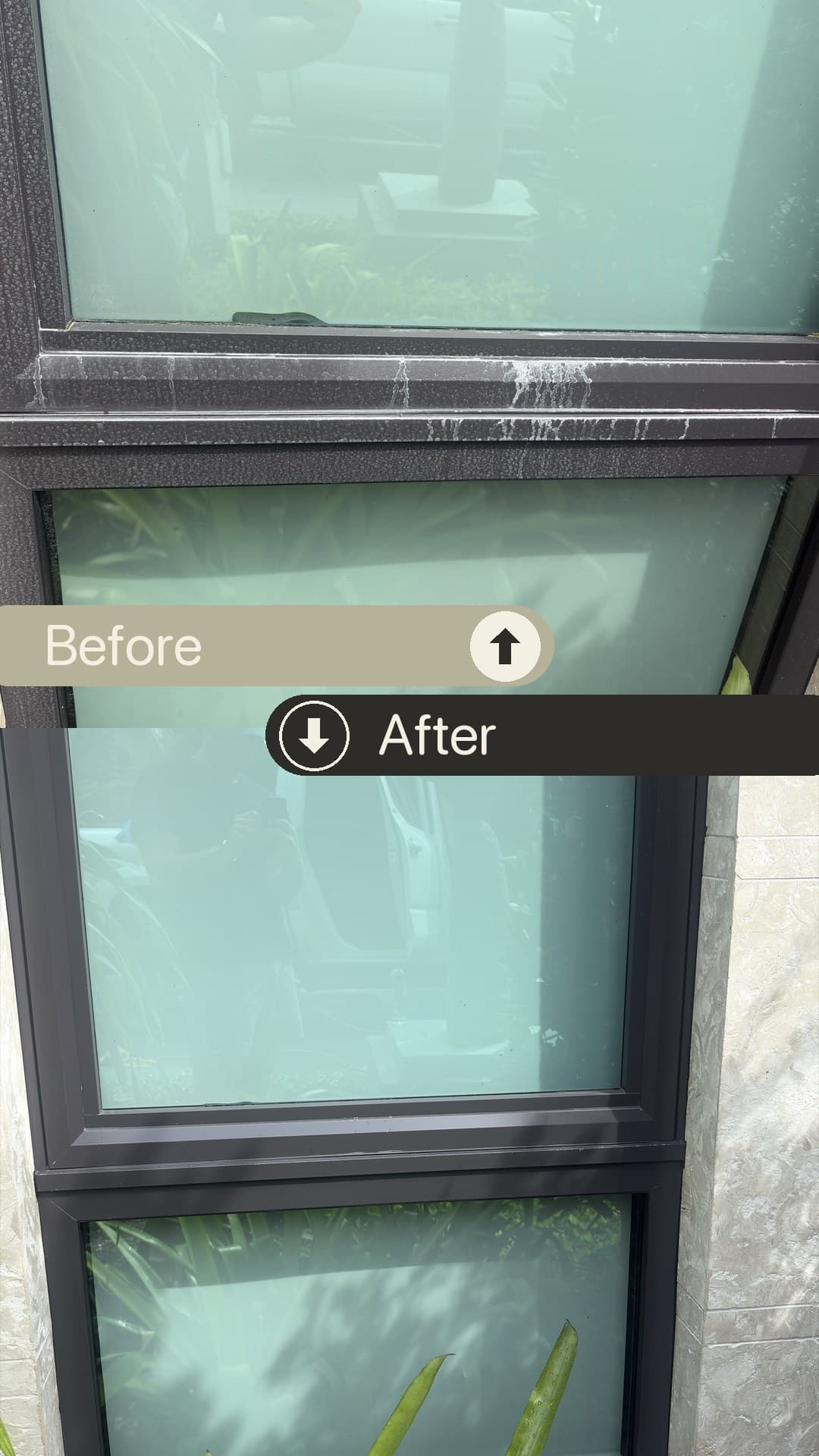 Before and after — stubborn hard-water etching and mineral staining removed from a Boca Raton home's window frames through a full restoration process, frames restored to like-new