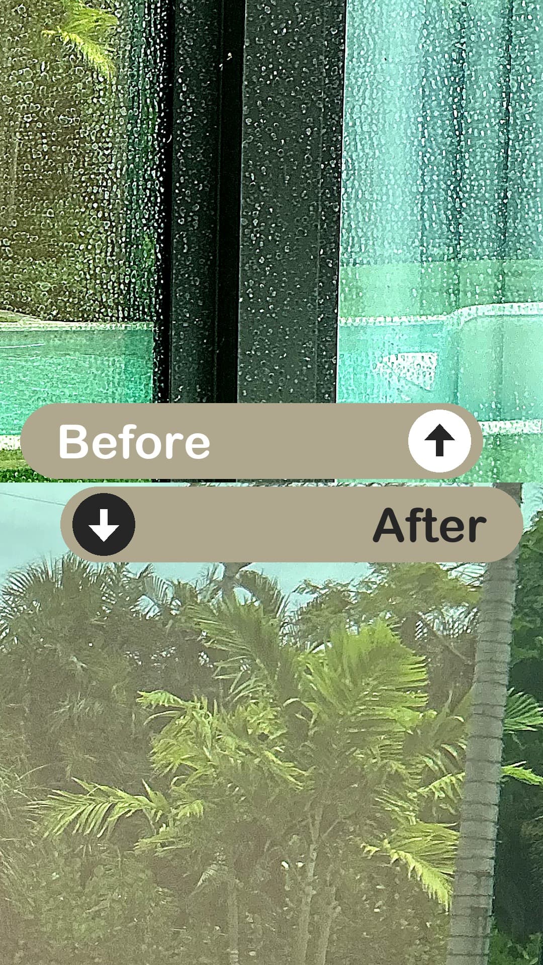 Before and after: hard-water film removed from glass